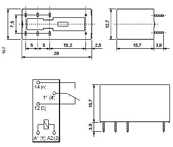 Schema tecnico relè 24V SPDT 1 polo 12A con pin da 5mm