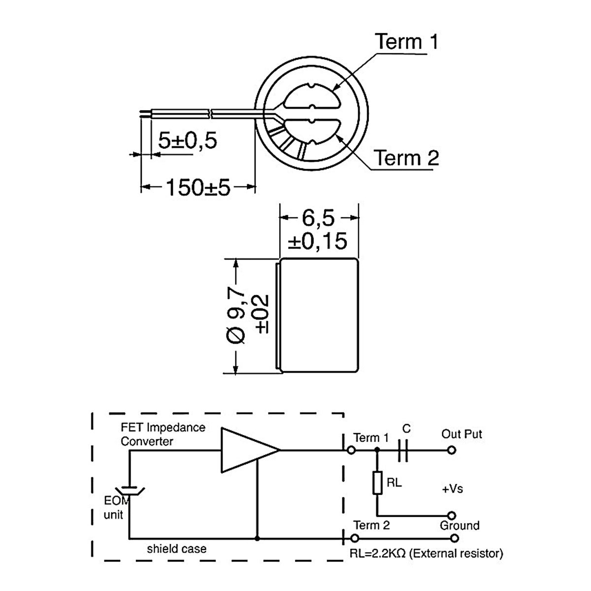 Schema tecnico con dimensioni e ingombri della capsula microfonica preamplificata con fili da 150 mm