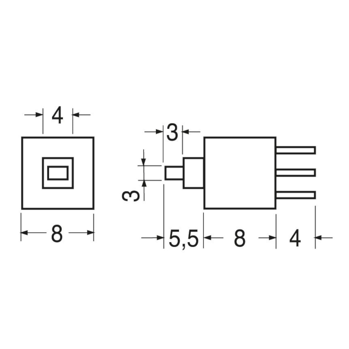 Schema tecnico con quote dimensionali e misure del microdeviatore a pulsante ON-OFF 8x8mm per montaggio PCB