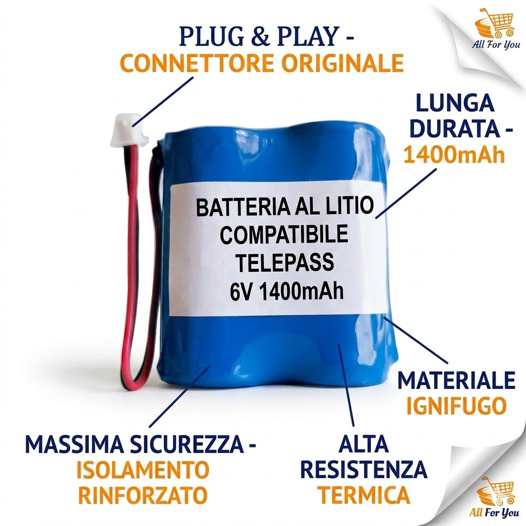 Dettagli tecnici batteria Telepass con isolamento rinforzato e materiale ignifugo.