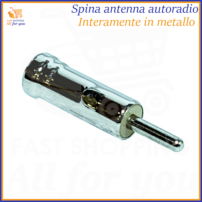 Spina antenna autoradio DIN maschio interamente in metallo lucido, vista in prospettiva.