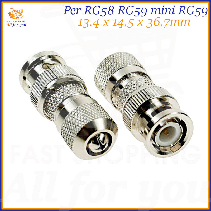 Spina BNC maschio in metallo cromato, con meccanismo a vite visibile, adatte per cavi RG58, RG59 e Mini RG59.