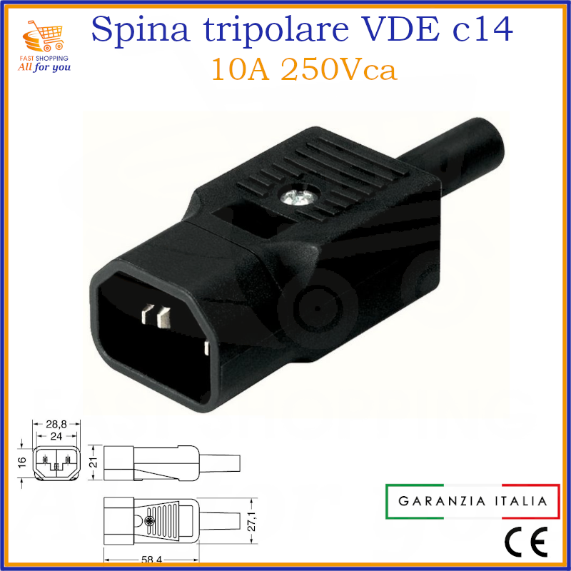 Spina tripolare VDE C14 volante 10A 250V per alimentazione PC e apparecchi, certificata CE.