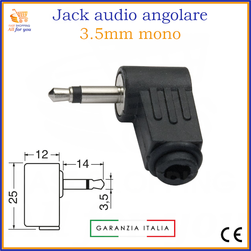 Spina jack 3.5mm mono angolare 90 gradi per saldatura.