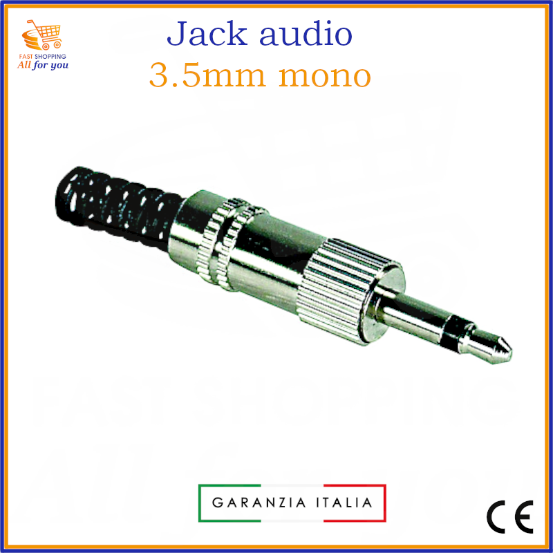 Spina Jack audio mono 3.5mm maschio interamente in metallo con guidacavo, lucida, pronta per la saldatura del cavo.