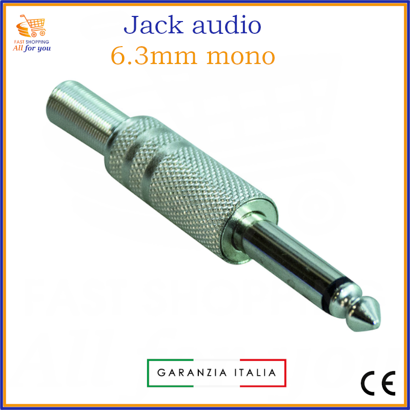 Spina Jack audio mono 6.3mm maschio interamente in metallo con superficie zigrinata e guidacavo, lucida, pronta per la saldatura del cavo.