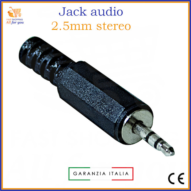 Spina Jack audio stereo 2.5mm maschio nera con corpo in plastica, guidacavo e terminali a saldare, pronta per la saldatura del cavo.