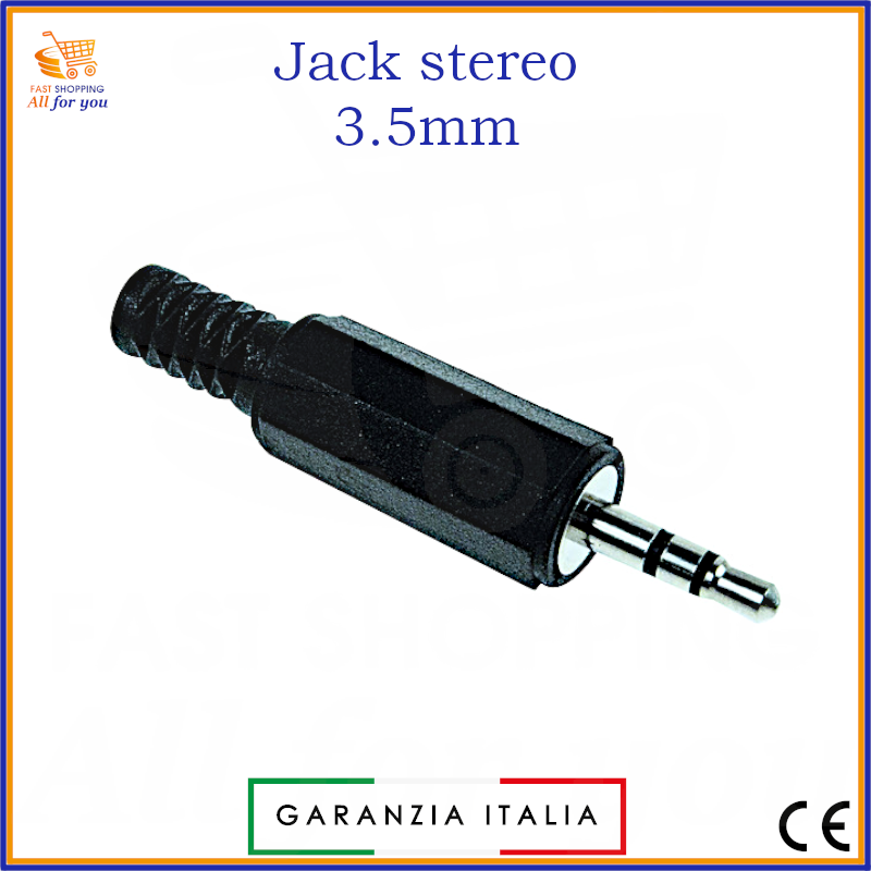 Spina Jack audio stereo 3.5mm maschio nera con corpo in plastica, guidacavo e terminali a saldare, mostrata in prospettiva.