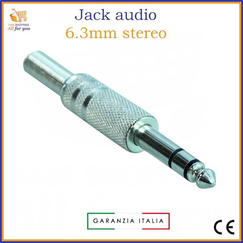 Spina Jack audio stereo 6.3mm maschio interamente in metallo con superficie zigrinata e guidacavo, lucida, pronta per la saldatura del cavo.