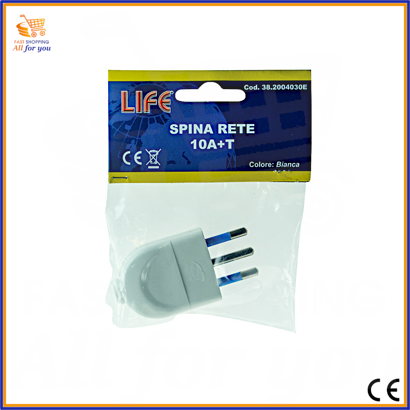 Confezione della spina elettrica volante 10A+T del marchio LIFE, colore bianca.