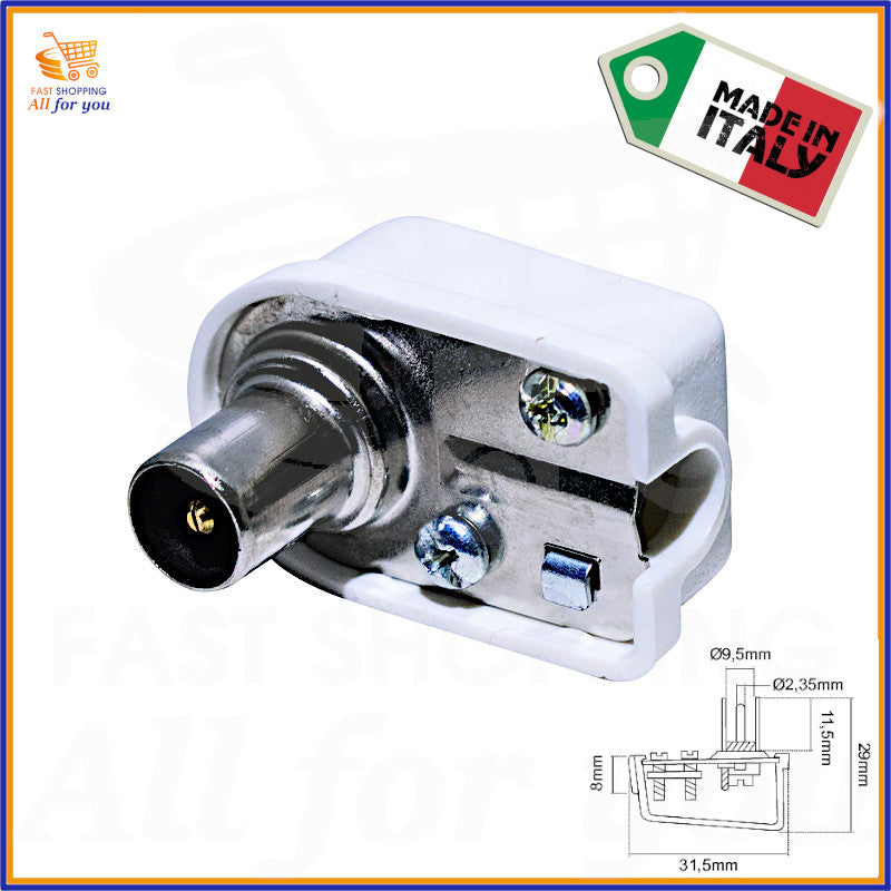 Spina TV coassiale 75 Ohm angolare colore bianco, diametro 9,5mm, Made in Italy