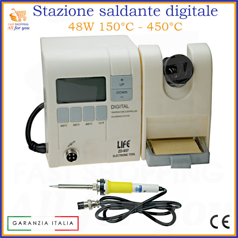 Stazione saldante digitale ZD-937 di colore bianco e grigio con display LCD e pulsanti di controllo. Include un saldatore a stilo giallo e nero collegato. Potenza 48W, temperatura da 150°C a 450°C. L'immagine include il logo 'FAST SHOPPING All for you', 'GARANZIA ITALIA' e il marchio CE.