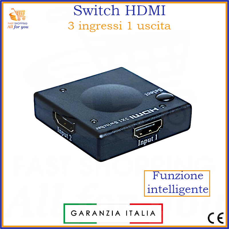 Mini switch HDMI nero con tre ingressi e una uscita, compatibile con 1080p e 3D, mostra pulsante di selezione.