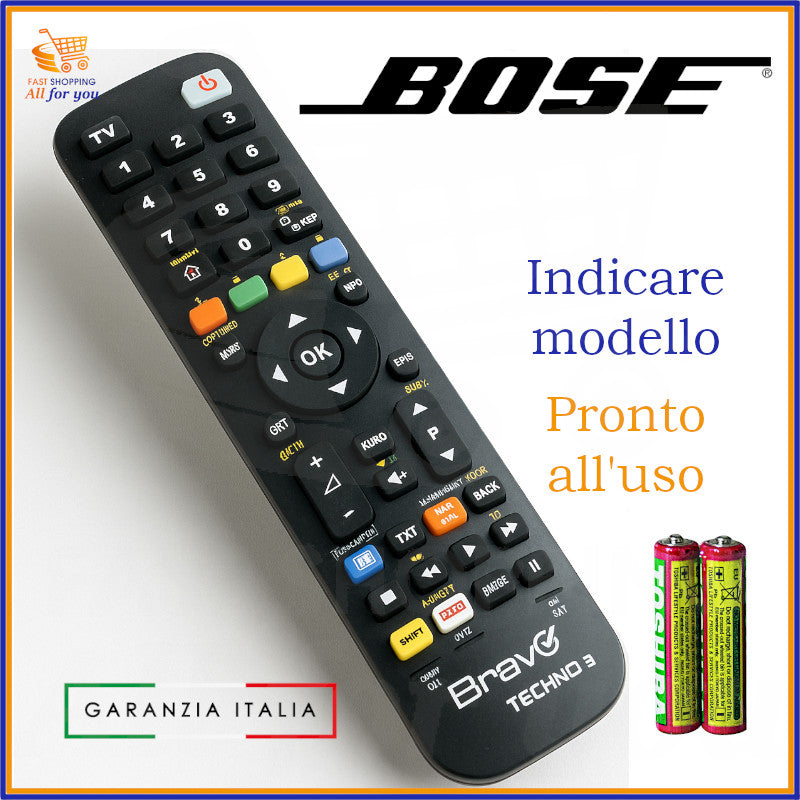 Telecomando Bravo Techno 3 programmato per dispositivi audio Bose, pronto all’uso con pile incluse