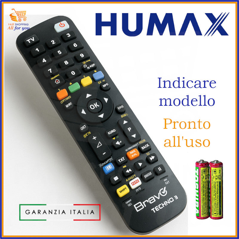 Telecomando Bravo Techno 3 programmato per decoder e TV SAT Humax, pronto all’uso con pile incluse