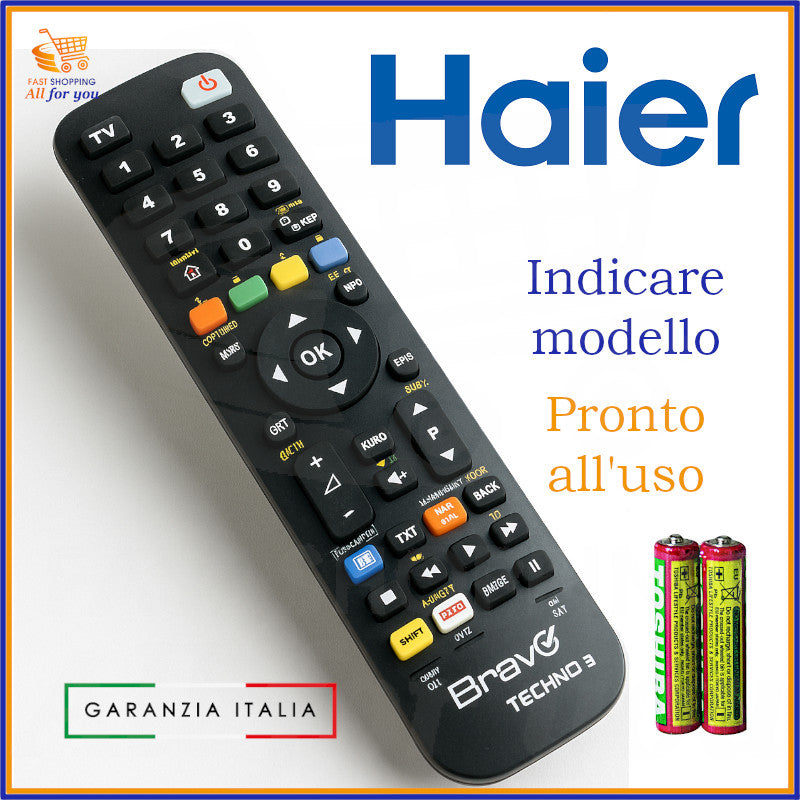 Telecomando Bravo Techno 3 programmato per televisori Haier, pronto all’uso con pile incluse