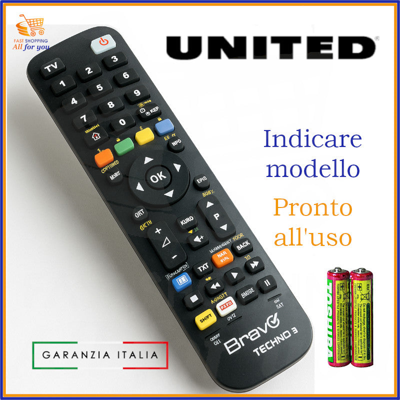 Telecomando Bravo Techno 3 compatibile United: TV, decoder, DVD e VCR, programmato e pronto all’uso