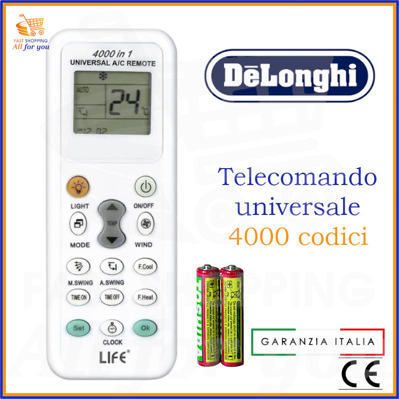 Telecomando universale A/C LIFE 4000 codici con logo De Longhi in evidenza e batterie AAA incluse.