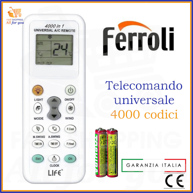 Telecomando universale A/C LIFE 4000 codici con logo Ferroli in evidenza e batterie AAA incluse.