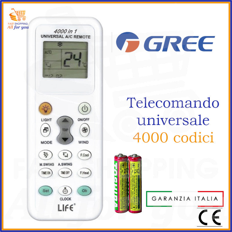 Telecomando universale A/C LIFE 4000 codici con logo Gree in evidenza e batterie AAA incluse.
