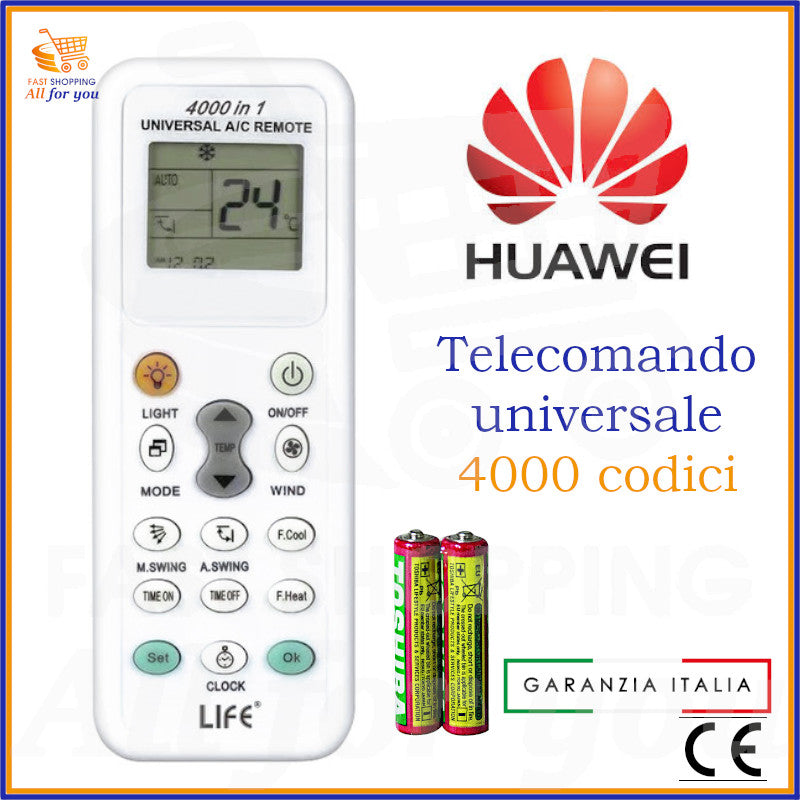Telecomando universale A/C LIFE 4000 codici con logo Huawei in evidenza e batterie AAA incluse.