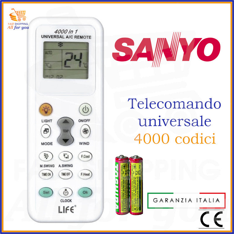 Telecomando universale A/C LIFE 4000 codici con logo Sanyo in evidenza e batterie AAA incluse.