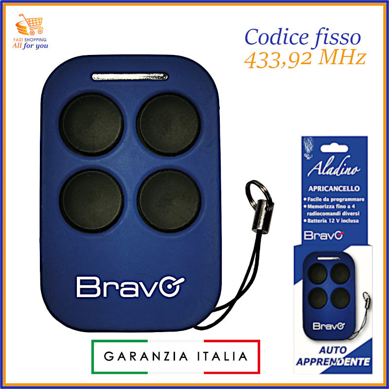 Telecomando universale Aladino a 4 tasti di colore blu, con frequenza 433 MHz, autoapprendente per cancelli, garage e allarmi. Con portachiavi.