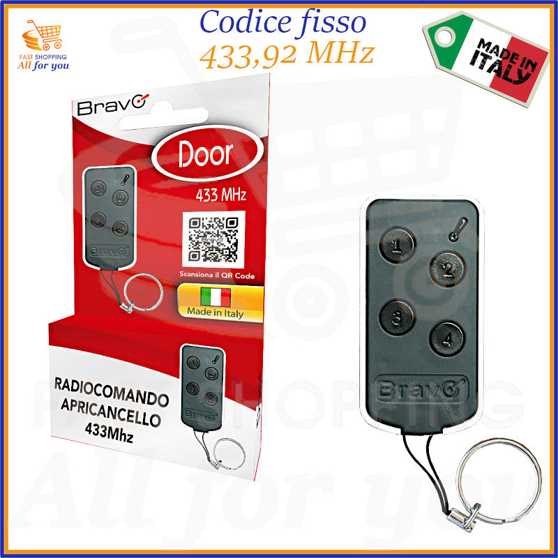 Telecomando universale DOOR nero a 4 tasti, con frequenza 433 MHz e funzione autoapprendimento, ideale per cancelli automatici, garage e allarmi. Con portachiavi.