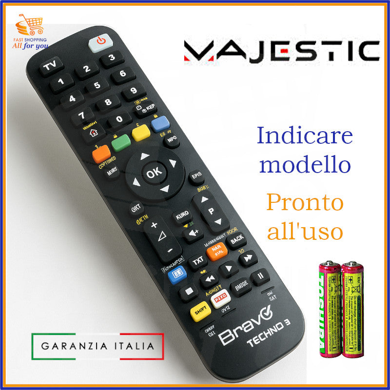 Telecomando universale Bravo Techno 3 compatibile con TV Majestic, pronto all’uso con batterie incluse