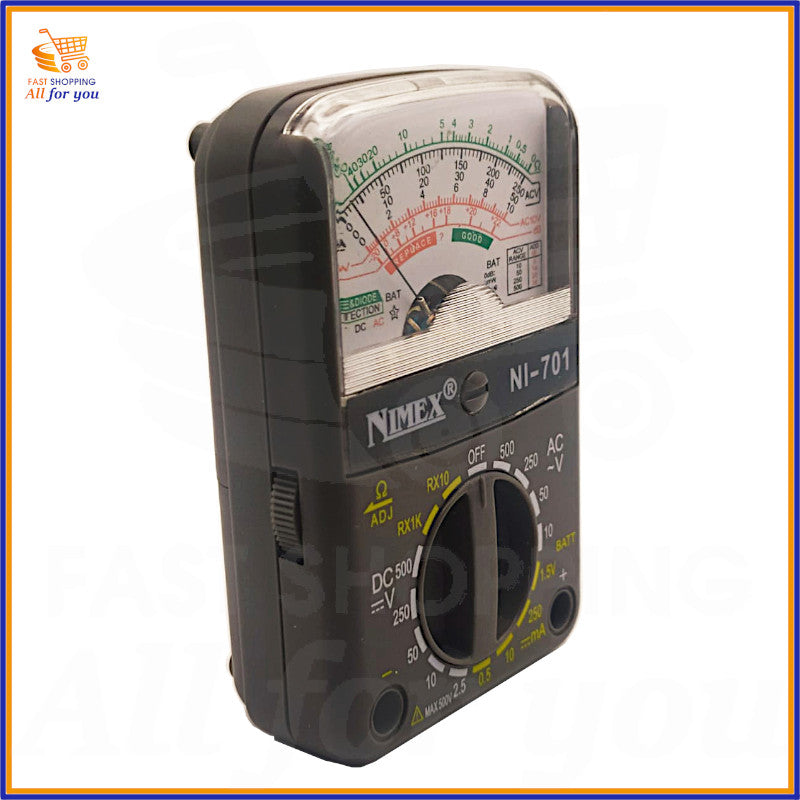 Tester multimetro analogico NI701 con i puntali inclusi nella confezione.