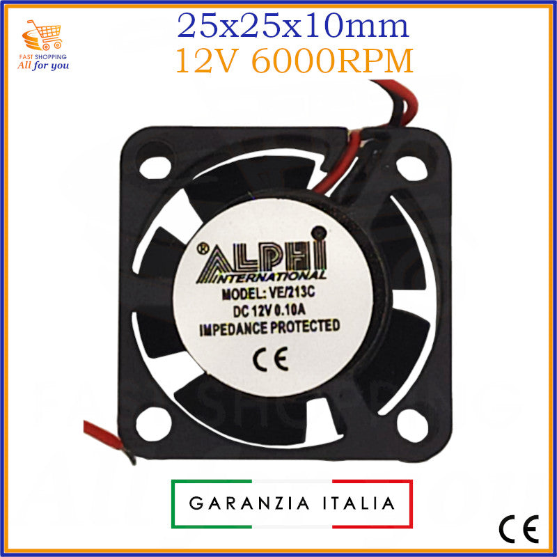 Ventola ultra-compatta da 25x25x10mm con alimentazione a 12V, ideale per il raffreddamento di schede PC, Raspberry Pi e stampanti 3D.