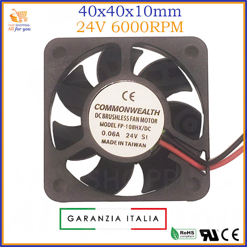 Ventola nera 40x40x10mm 24V con cuscinetto a manicotto, silenziosa a 29dB, ideale per raffreddamento di PC e dispositivi elettronici.