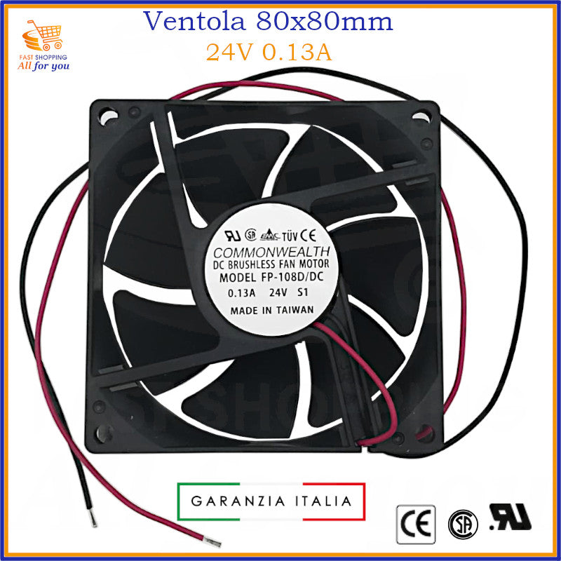 Ventola di raffreddamento assiale da 80x80x25mm, alimentata a 24V, ideale per quadri elettrici e PC.