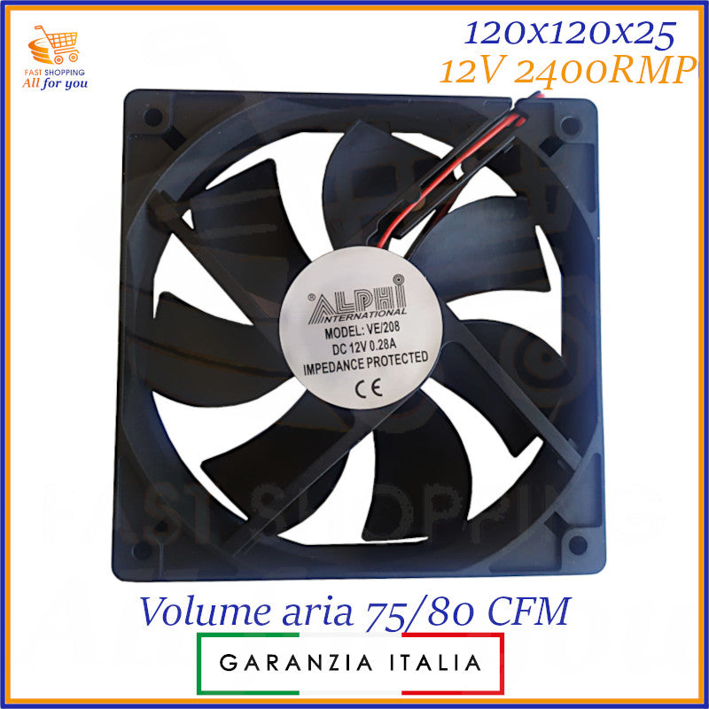 Ventola da 120mm x 120mm x 25mm per PC e computer, con alimentazione a 12V e una velocità di 2400 RPM.