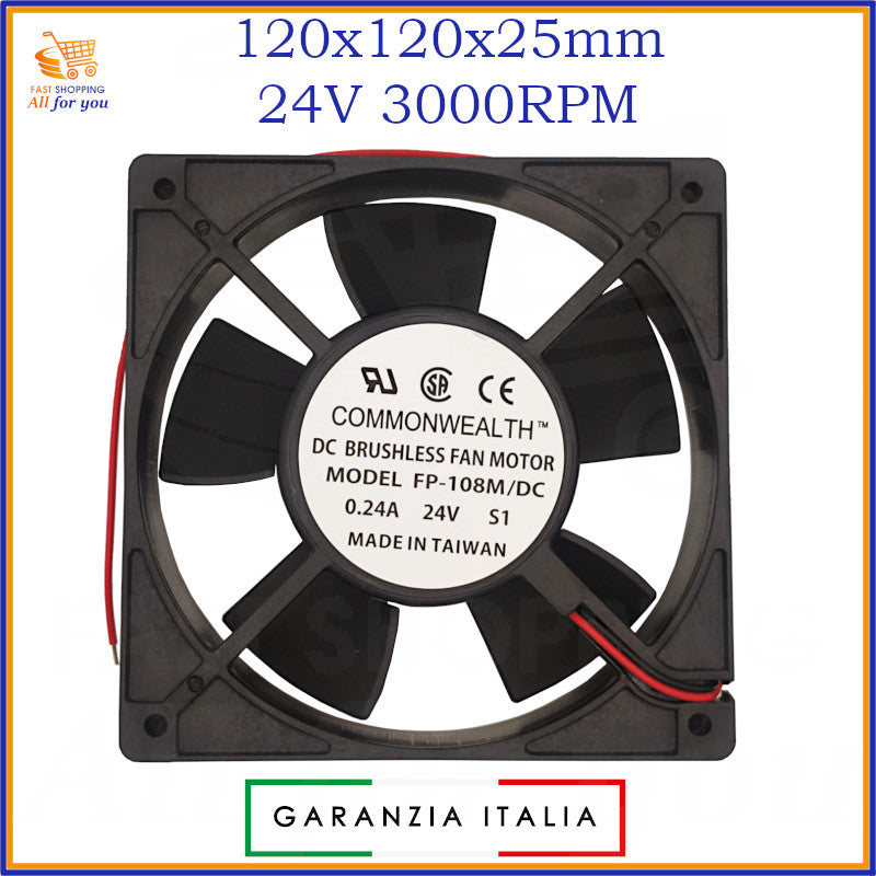 Ventola di raffreddamento assiale da 120x120x25.4mm, alimentata a 24V con 3000RPM, ideale per computer e server.