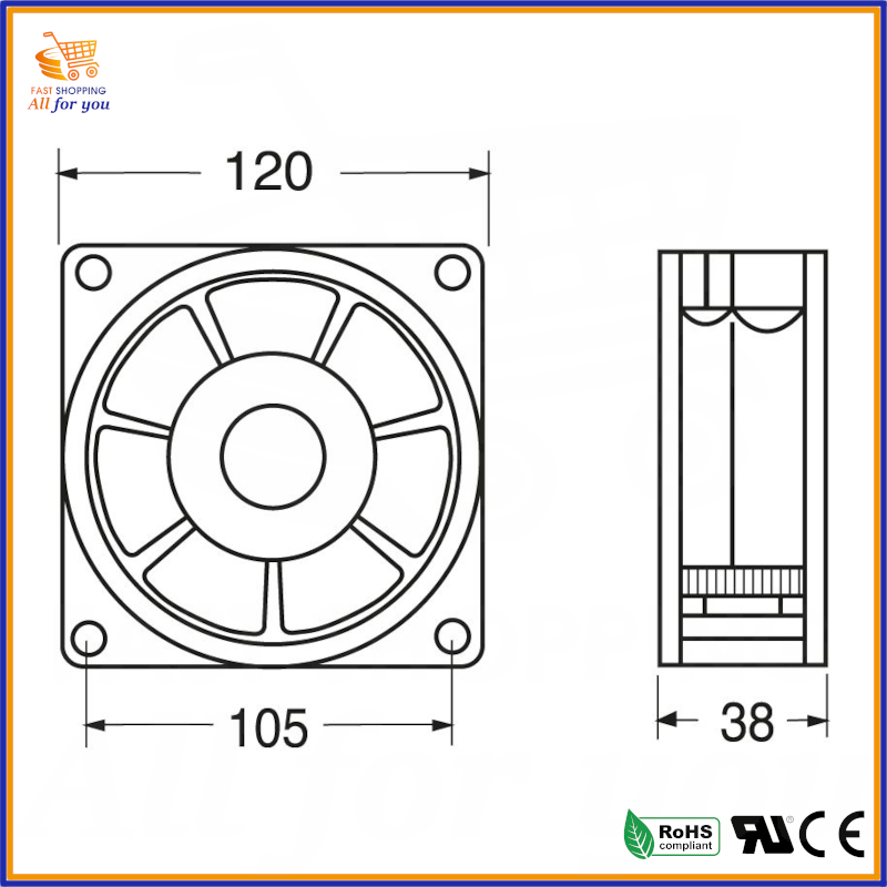 Schema tecnico con dimensioni (120x120x38mm) della ventola assiale 12V, utile per la misurazione e l'installazione.