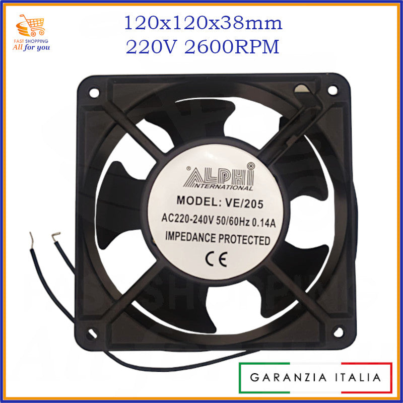 Ventola di raffreddamento da 120x120x38mm per uso industriale, alimentata a 220V con 2600RPM.