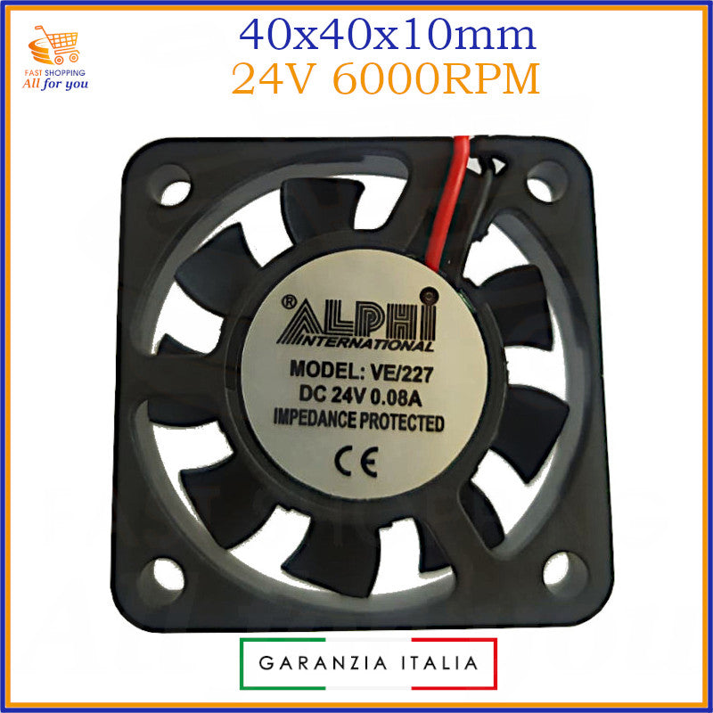 Ventola assiale per raffreddamento, misura 40x40x10mm, con alimentazione a 24V e 6000RPM di velocità. Mostra il modello VE/227.