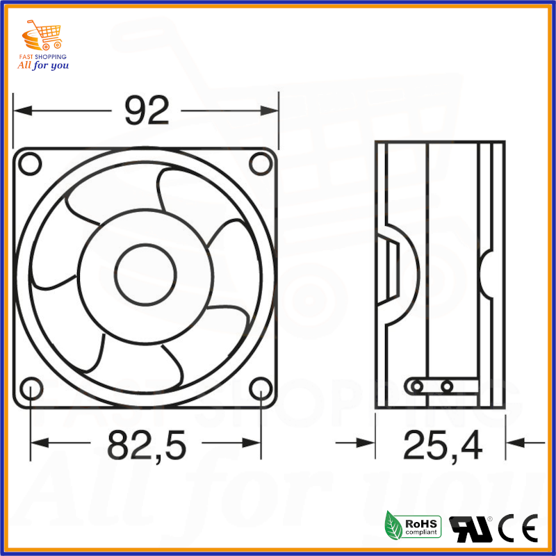 Dimensioni ventilatore assiale nero 92x92x25.4mm 220V con cuscinetto su bronzine, ideale per raffreddamento PC, quadri elettrici, silenzioso a 36dBA.