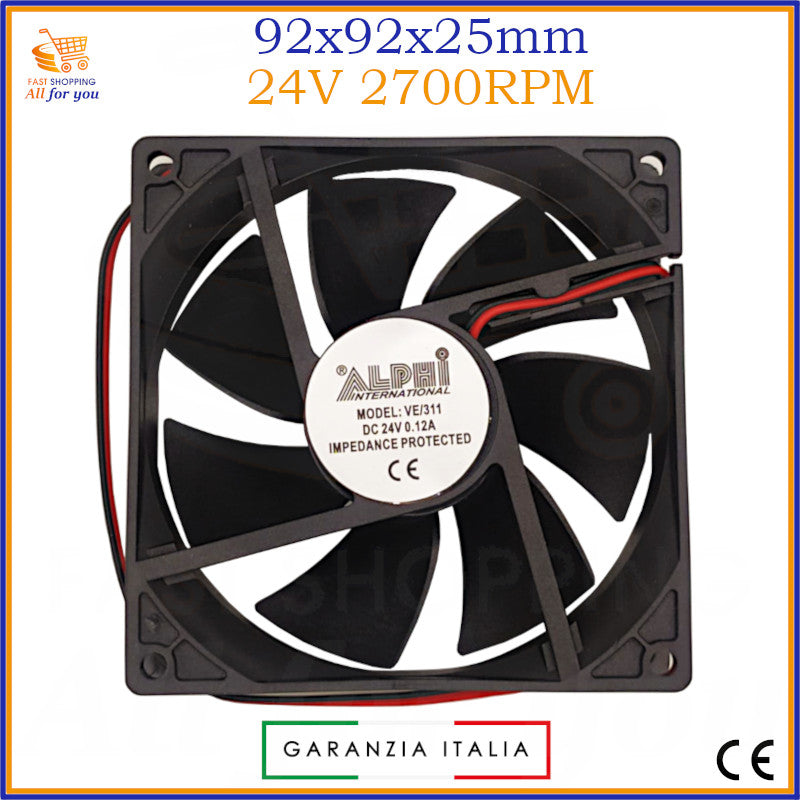 Ventola assiale da 92x92x25mm per il raffreddamento di apparecchiature elettroniche, alimentata a 24V con una velocità di 2700RPM.