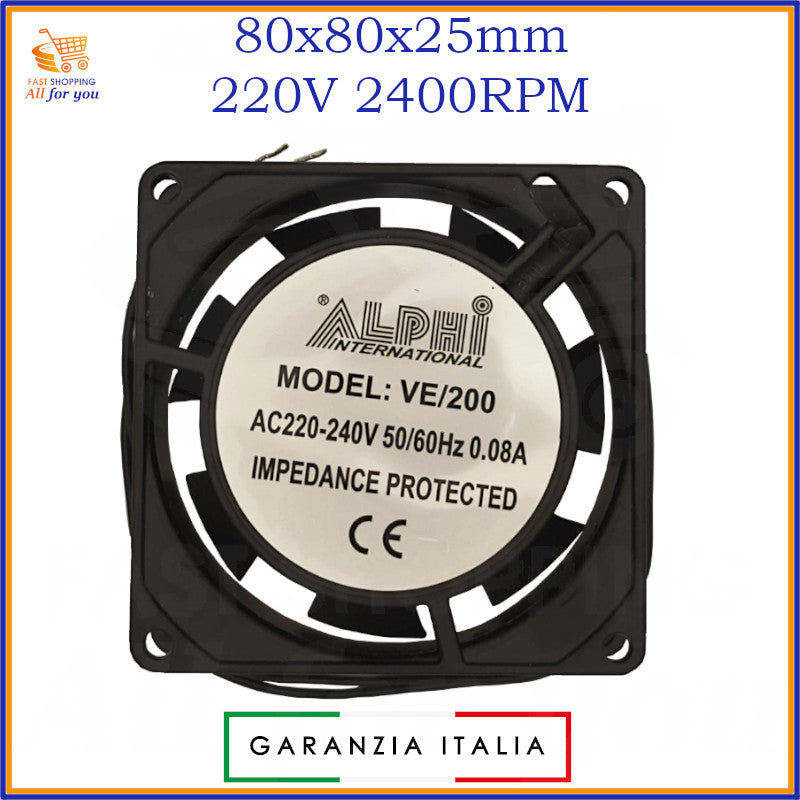 Ventola di raffreddamento assiale da 80x80x25mm per uso industriale, alimentata a 220V con 2400RPM.