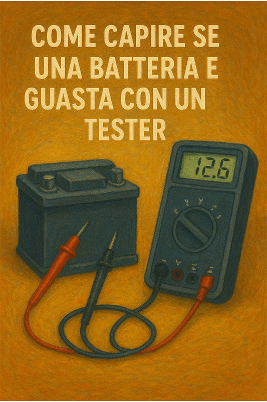Multimetro digitale che misura la tensione di una batteria per auto.