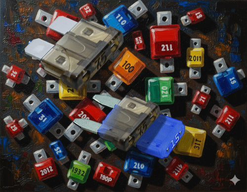 Pittura artistica di una composizione di fusibili a lama e mini fusibili a lama per auto e camper, in vari colori.