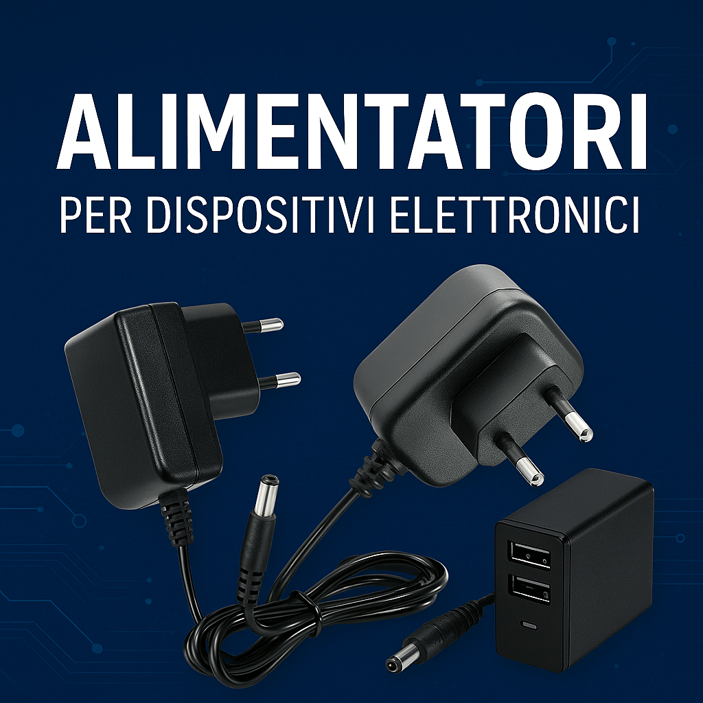 Grafica promozionale per la collezione Alimentatori su All For You Napoli, con immagini illustrative di alimentatori elettrici ed elettronici