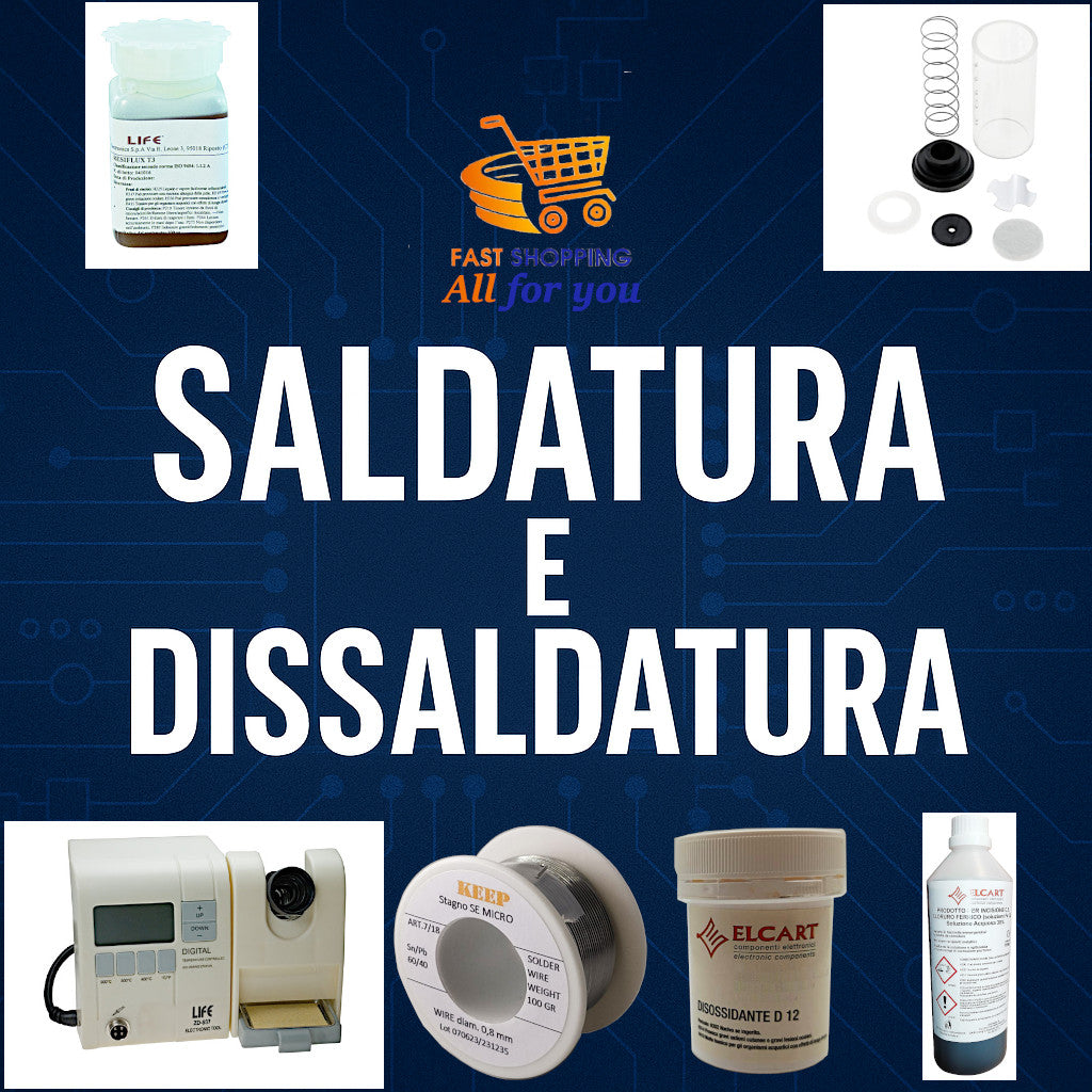 Immagine promozionale per la collezione Saldatura e Dissaldatura, con sfondo blu scuro e trame tecniche.