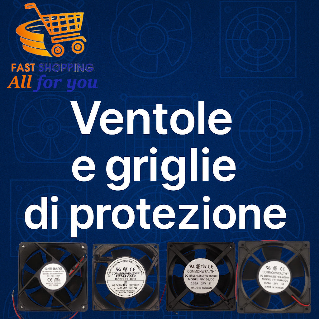 Copertina della collezione Shopify “Ventole e griglie di protezione” – articoli per raffreddamento e sicurezza componenti elettronici