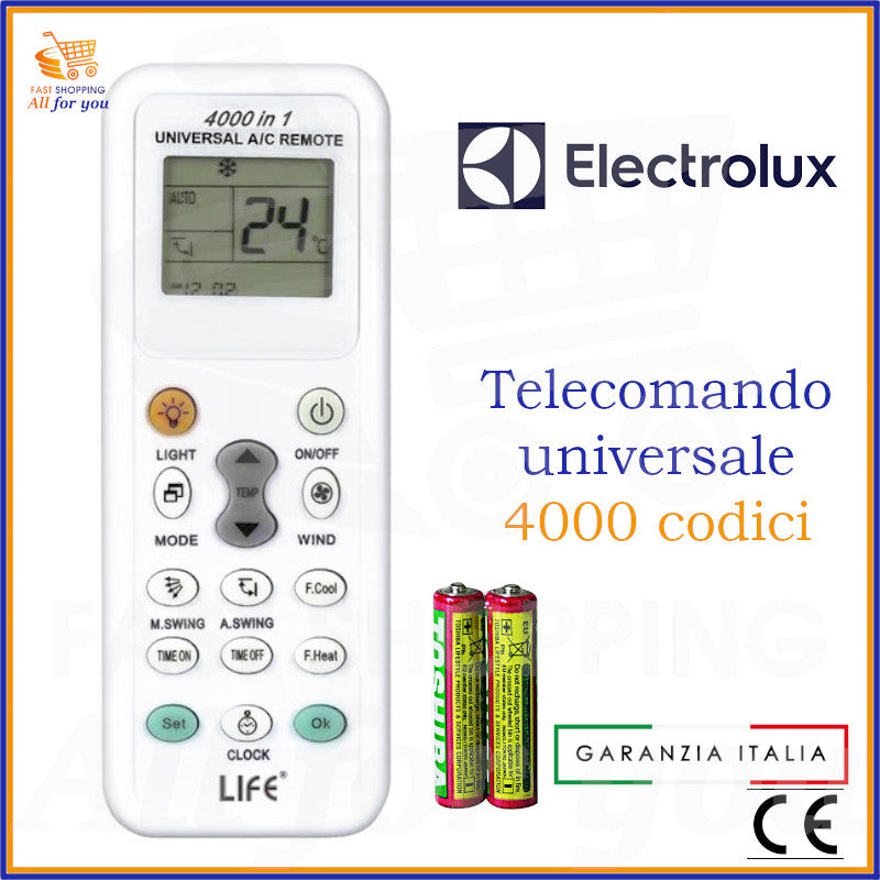 Telecomando Universale LIFE 4000 in 1 compatibile con Condizionatore Electrolux, con display acceso e batterie