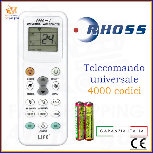 Telecomando Universale LIFE 4000 in 1 compatibile con Condizionatore Rhoss, con display acceso e batterie