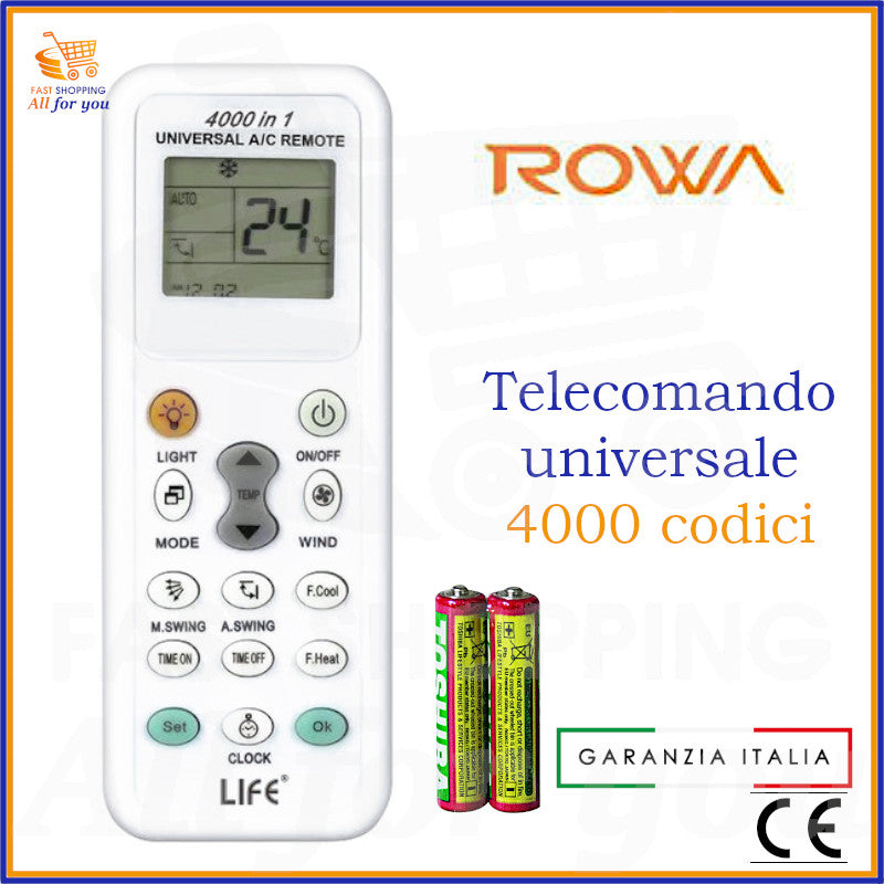 Telecomando Universale LIFE 4000 in 1 compatibile con Condizionatore Rowa, con display acceso e batterie