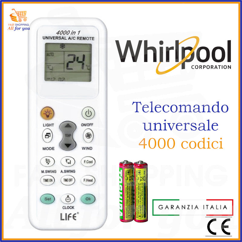 Telecomando Universale LIFE 4000 in 1 compatibile con Condizionatore Whirlpool, con display e batterie